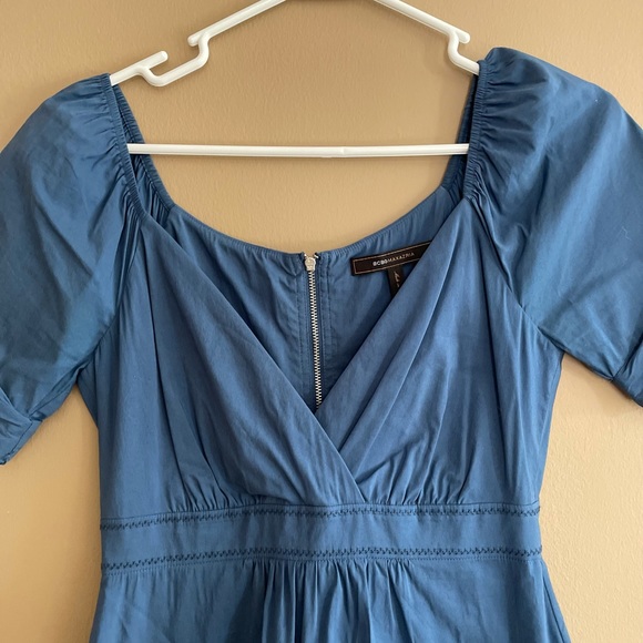 BCBG Steel Blue Shirt Sleeved On or Off the Shoulder Dress. Size 0 - Picture 2 of 9